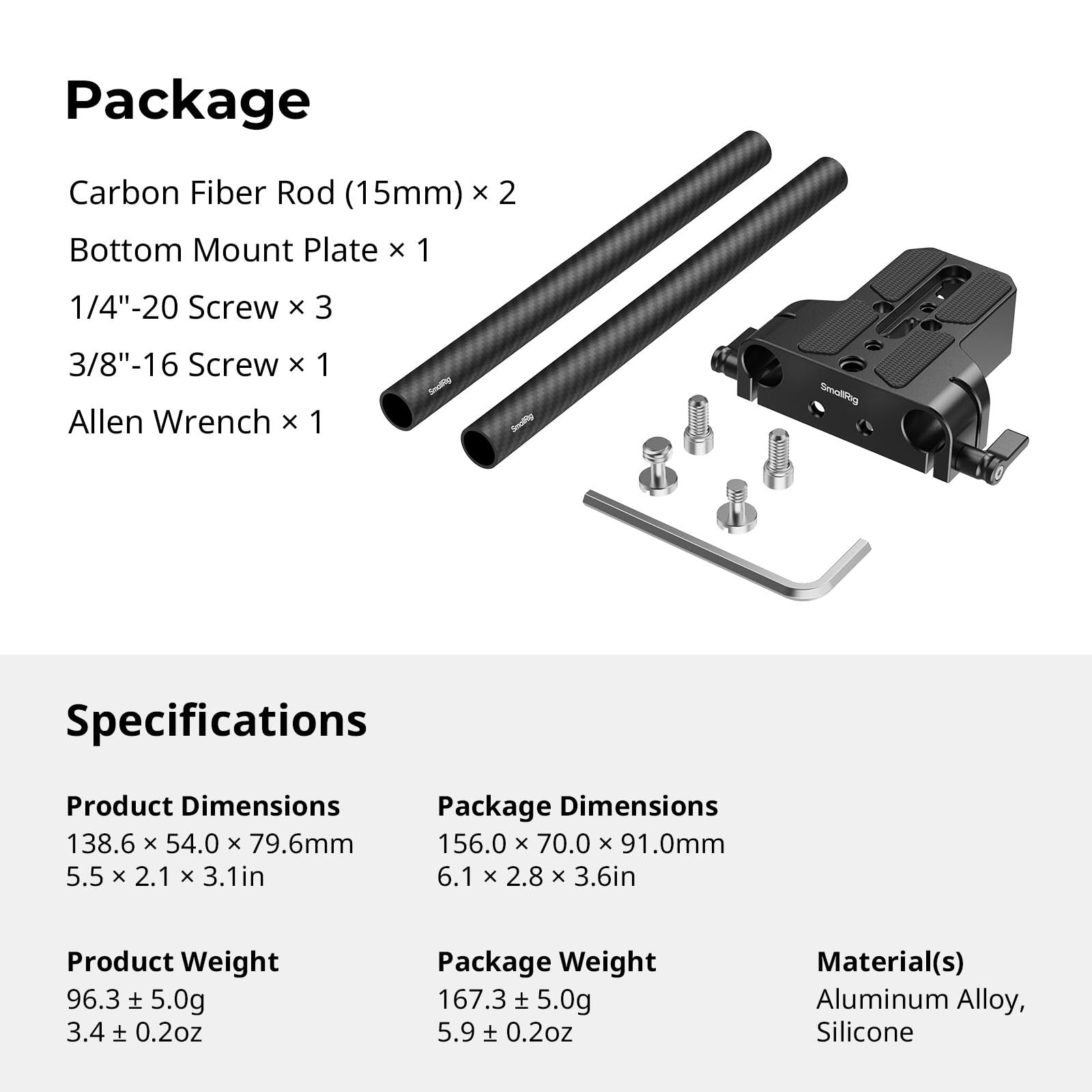 SMALLRIG Kit de Plaque de Base pour Appareil Photo avec Pince pour Rail LWS 15 mm, Tiges en Fibre de Carbone 15 mm (8'' / 20 cm), pour Sony A6500, pour Canon R5, R6, pour Sony A7SIII / A7III - 5609