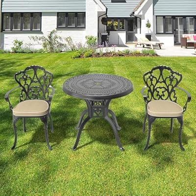 LOPOO 3-Piece Set of Cast Aluminum Patio Furniture with Cushions, Ergonomic Design for Relaxation, Includes Table and Two Chairs, Black