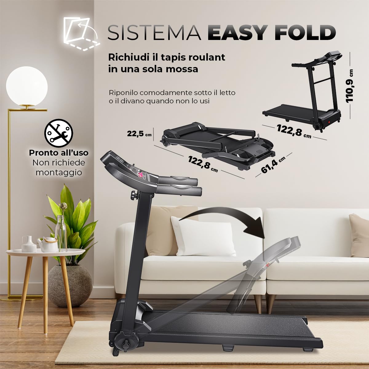 YM Tapis Roulant Salvaspazio 12 km/h, MARCHIO ITALIANO, Inclinazione, Pieghevole, Elettrico, Tappeto Corsa XL, Telaio Rinforzato, Display, Porta Tablet, ASSISTENZA e GARANZIA ITALIA Your Move