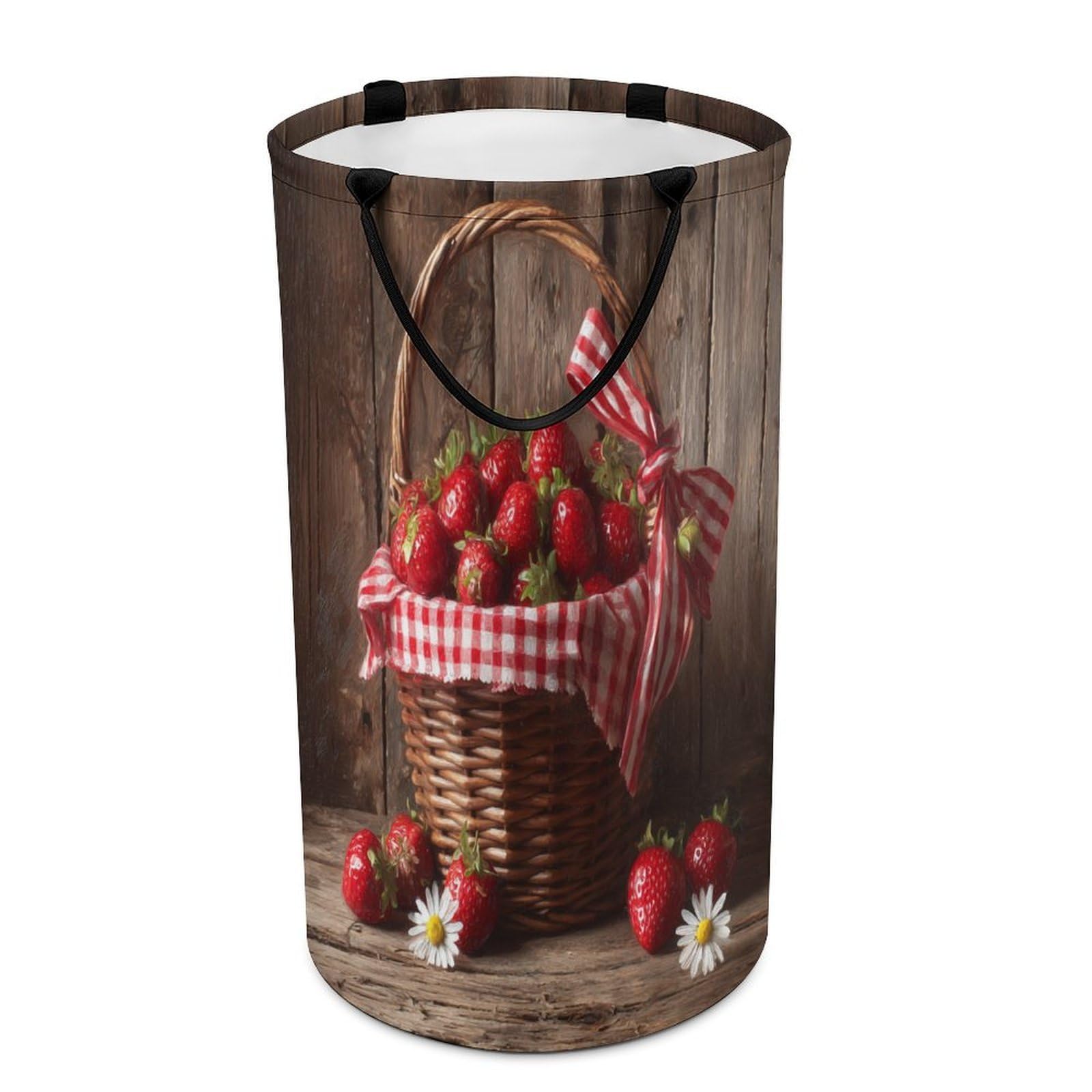 LUYYSKY Beautiful Watercolor Fruit Strawberry Versatile Storage Laundry Basket, Retro Aesthetic Wooden Board Daisies Floral Strawberry Large Capacity Bathroom Hamper With Handle