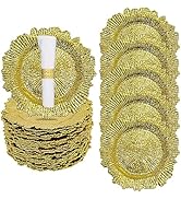 CeRaBuRET 24 Pack Gold Charger Plates, Round Plastic Reef Plate Chargers with Flora Reef Design, ...