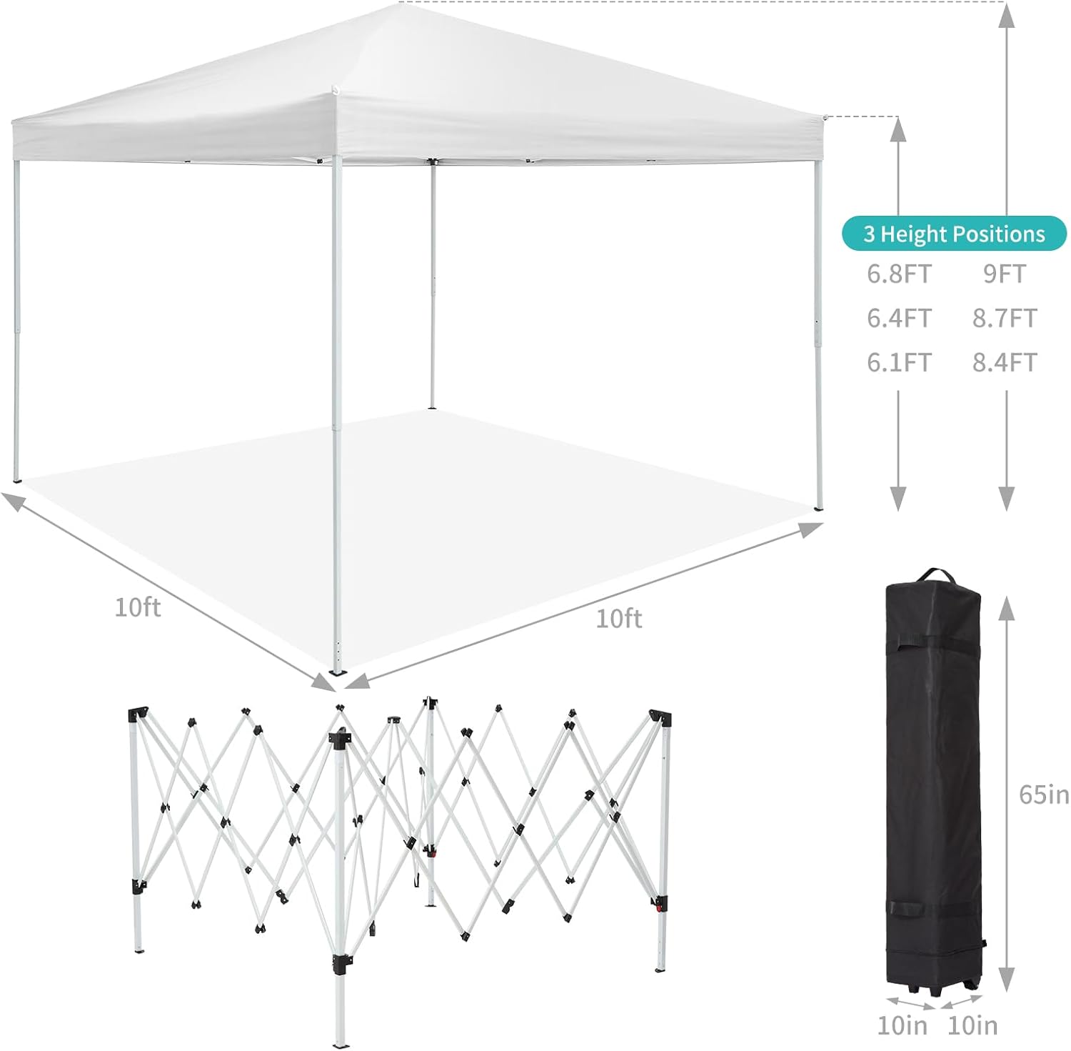 10 x 10 FT Pop Up Canopy, 3 Height Adjustable Instant Canopy with Mosquito Netting, Portable Screen Shelter with Wheeled Carry Bag, Heavy Duty Sun Shade for Patio, Backyard, White
