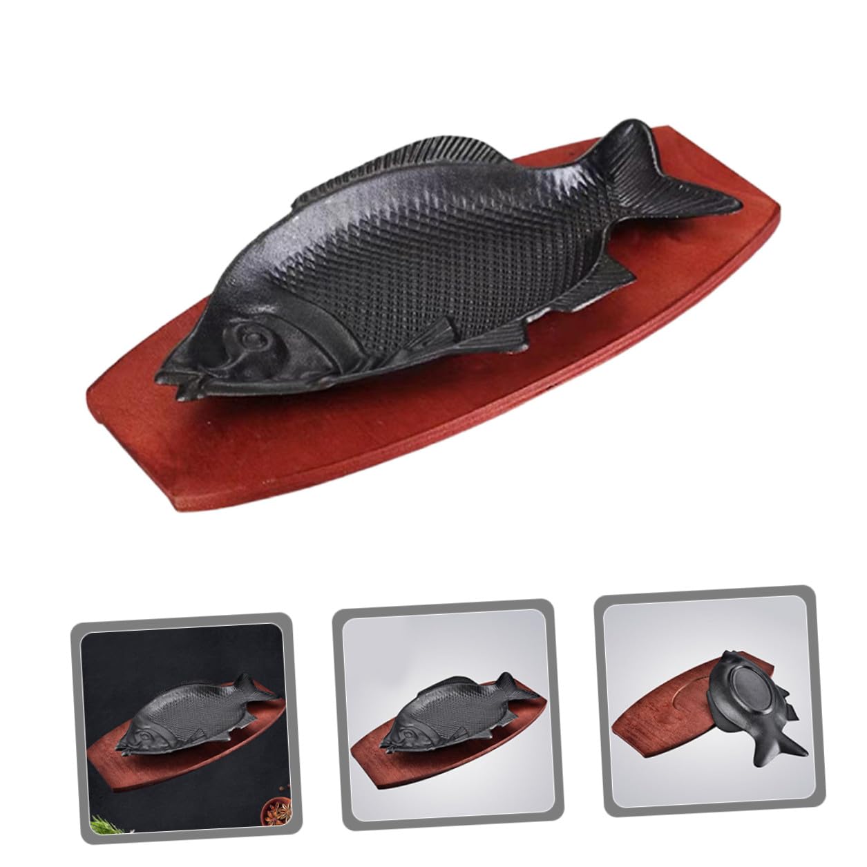 STOBAZA Bandeja de Pescado Resistente al Calor de Hierro con Base de Madera, Fácil de Limpiar, Adecuado para Restaurante y Servir Platos de Aperitivo con Forma de Pez