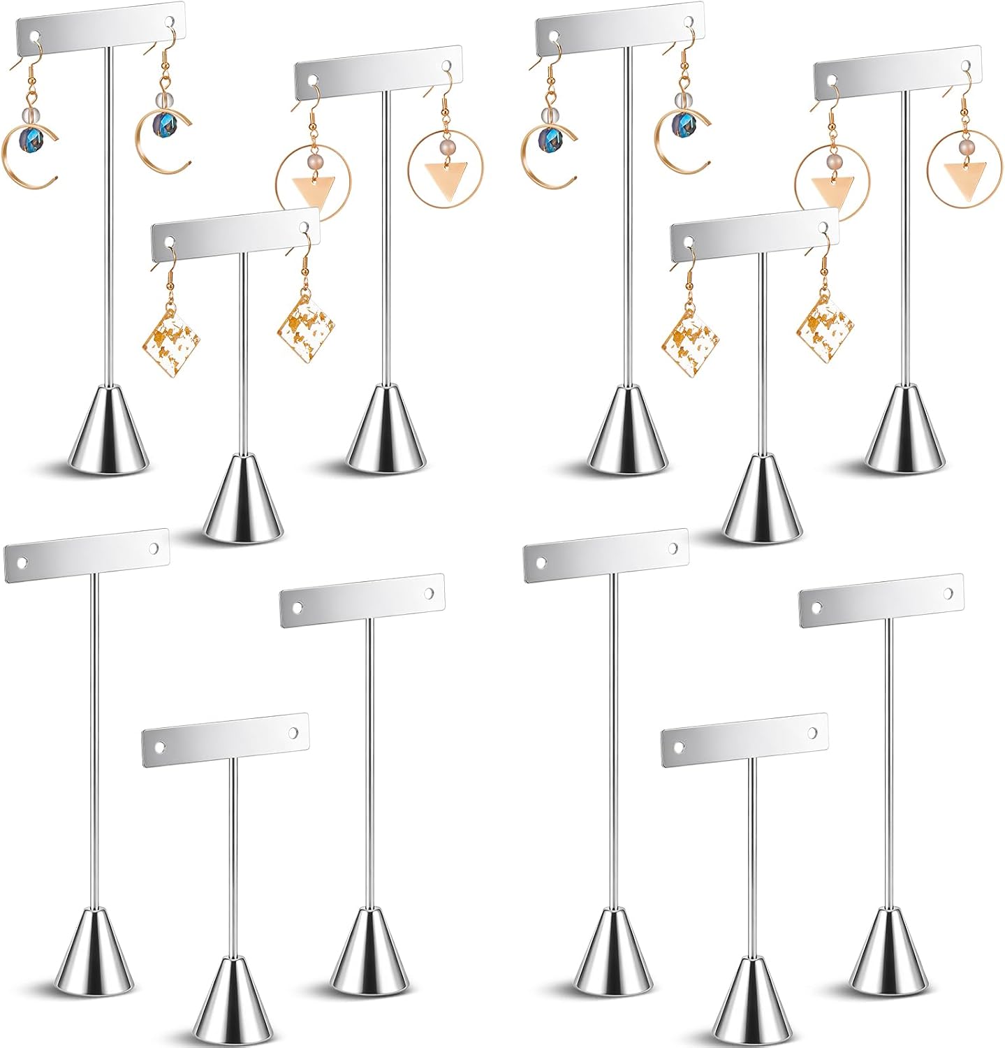 Marsui 12 Pcs T Bar Earring Display Stand Set with 3 Heights,Silver