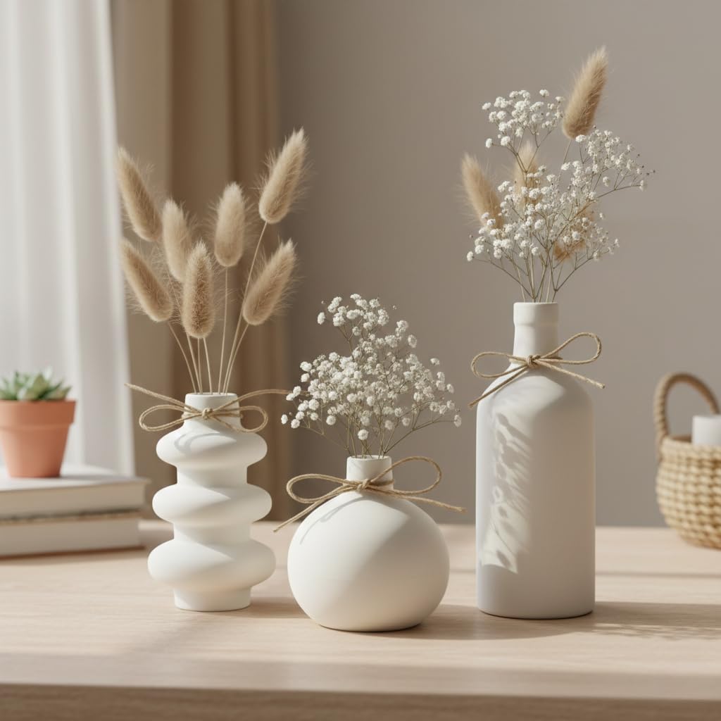 PUREZENTO KONSO Family Black Ceramic Vase - Set of 3 | Unique Shape Vases for Modern Home Decor, Shelves, Coffee Tables, Living Room & Office | Vase for Pampas Grass, Dried & Artificial Flowers-image-42