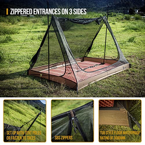 OneTigris 2 Person Mesh Tent, 3 Openings Screen Shelter with Waterproof Bathtub Floor for Outdoors Camping Lightweight Backpacking Thru-Hiking Travel Patio - Image 4