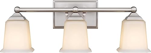 Nox - Lámpara de tocador vintage de 3 luces, moderna lámpara de pared de níquel cepillado con pantalla de vidrio blanco para baño, pasillo, entrada,