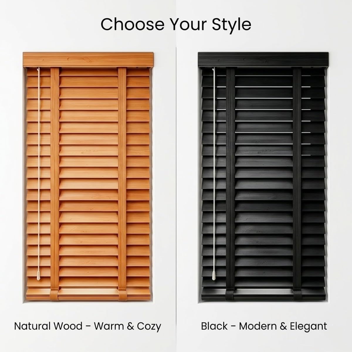 2" Real Wood Blinds Cordless 35x36in 35x48in 35x 60in, Horizontal Window Blinds for Kitchen Bathroom, Privacy Room Darkening Wooden Window Shades(Black,34" W x 48" H)