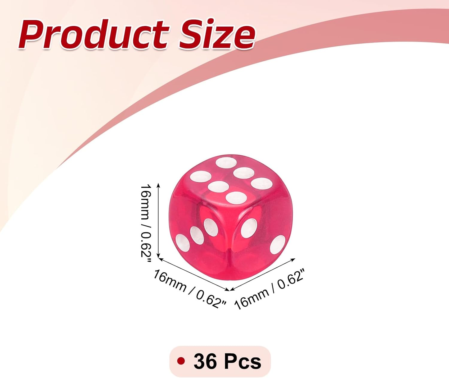 16mm Translucent Polyhedral Dice, Square Acrylic 6 Sided Dice with Rounded Edges Perfect for Board Games, Table Game & Classroom Teaching (Rose Red, 36pcs)