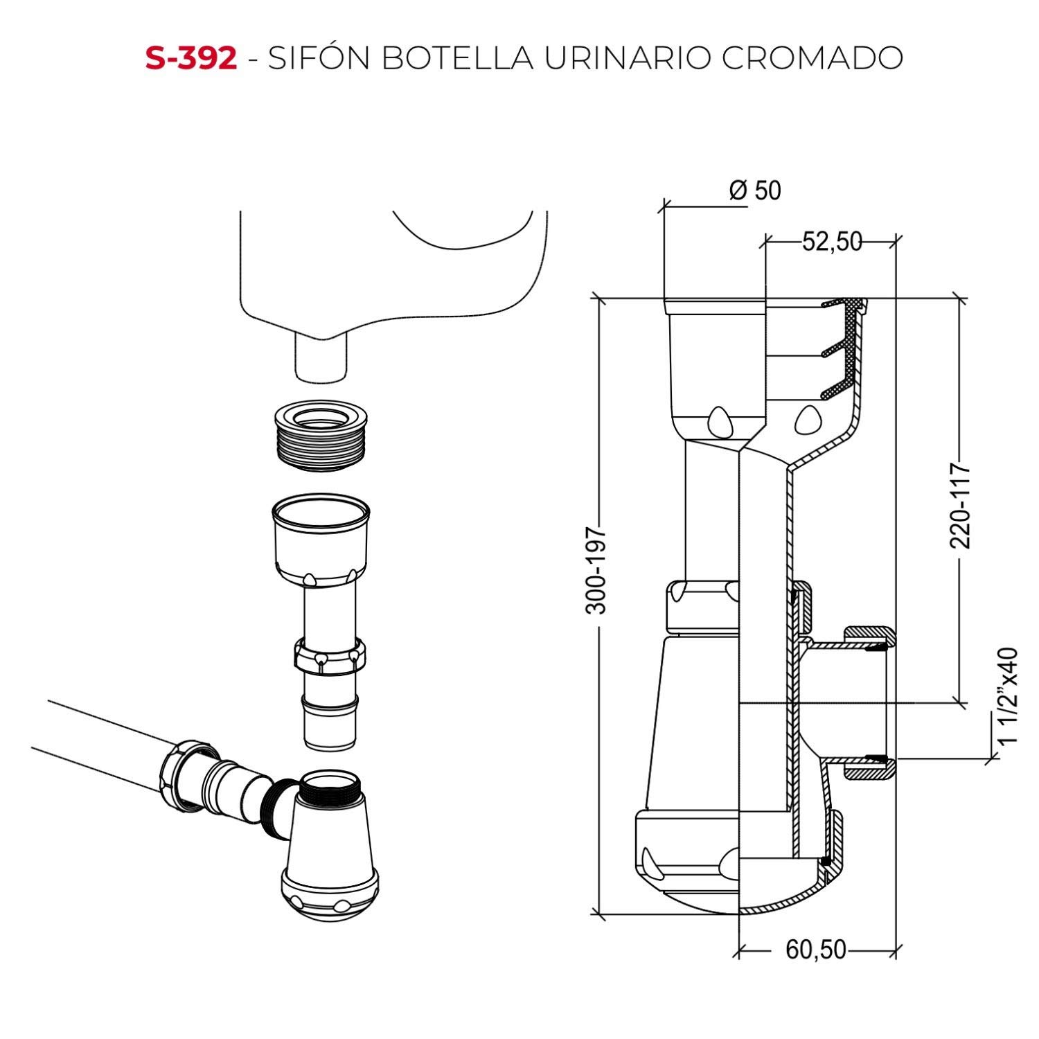 Jimten S-392 - Sifón botella urinario cromado