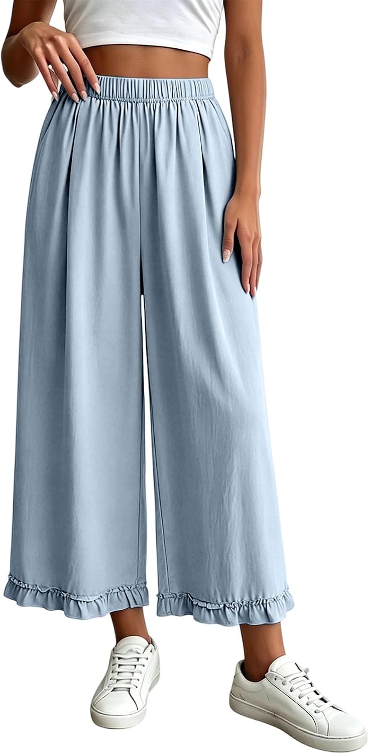 Womens Cotton Linen Wide Leg Pants Summer Casual High Waist Ruffle Hem Cropped Trousers with Pockets for Daily