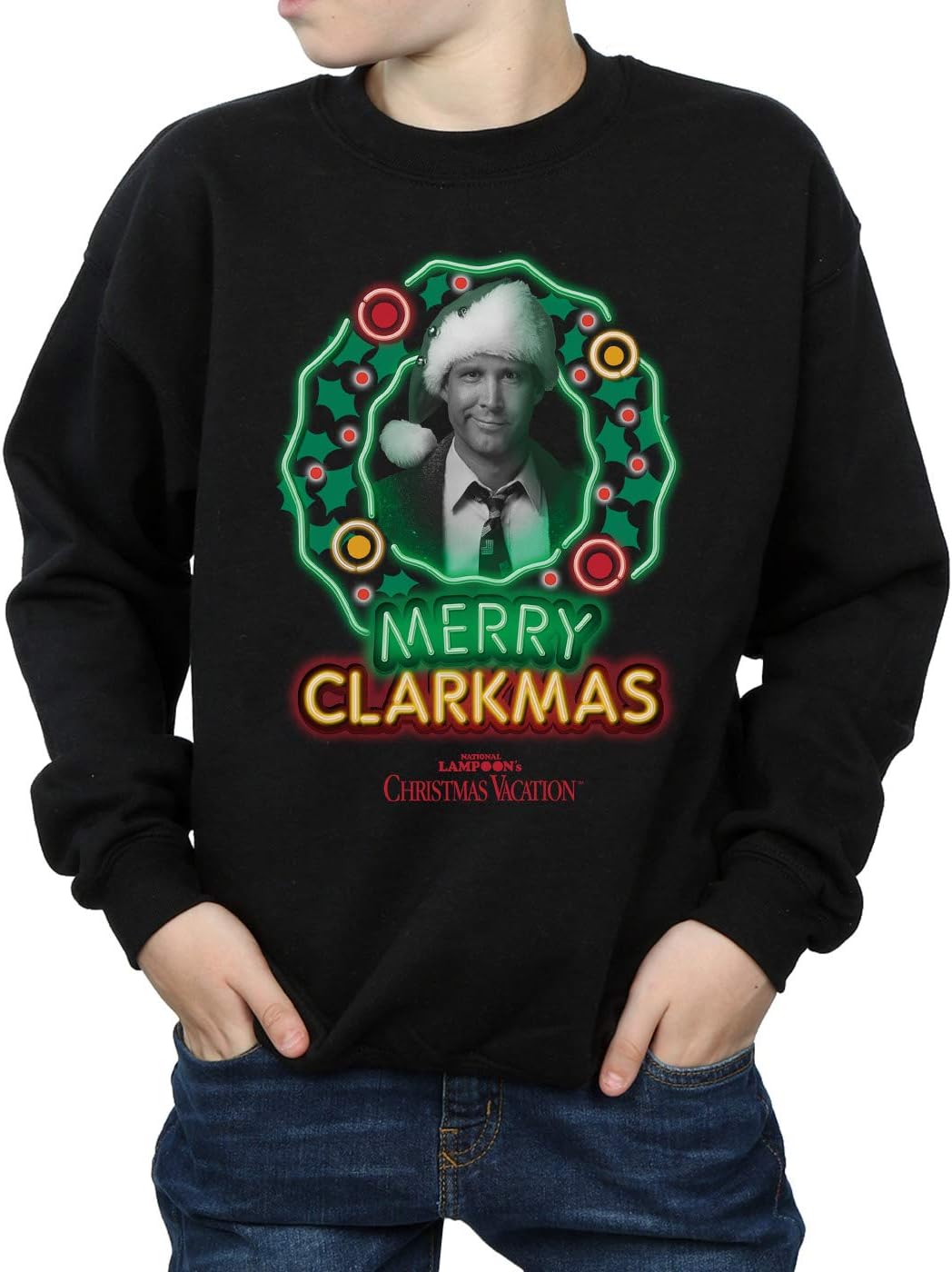 National Lampoon's Christmas Vacation Boys Greyscale Clarkmas Sweatshirt 7-8 Years Black