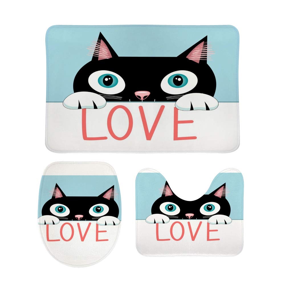 Tapis de salle de bain chat noir antidérapant et lavable en lot de 3