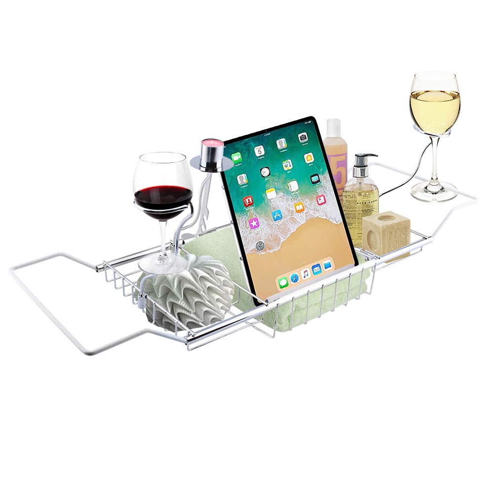 Bathtub Caddy Stainless Steel Expandable Bath Organizer with Removable Wine Glass Holder Book Holder for Shower