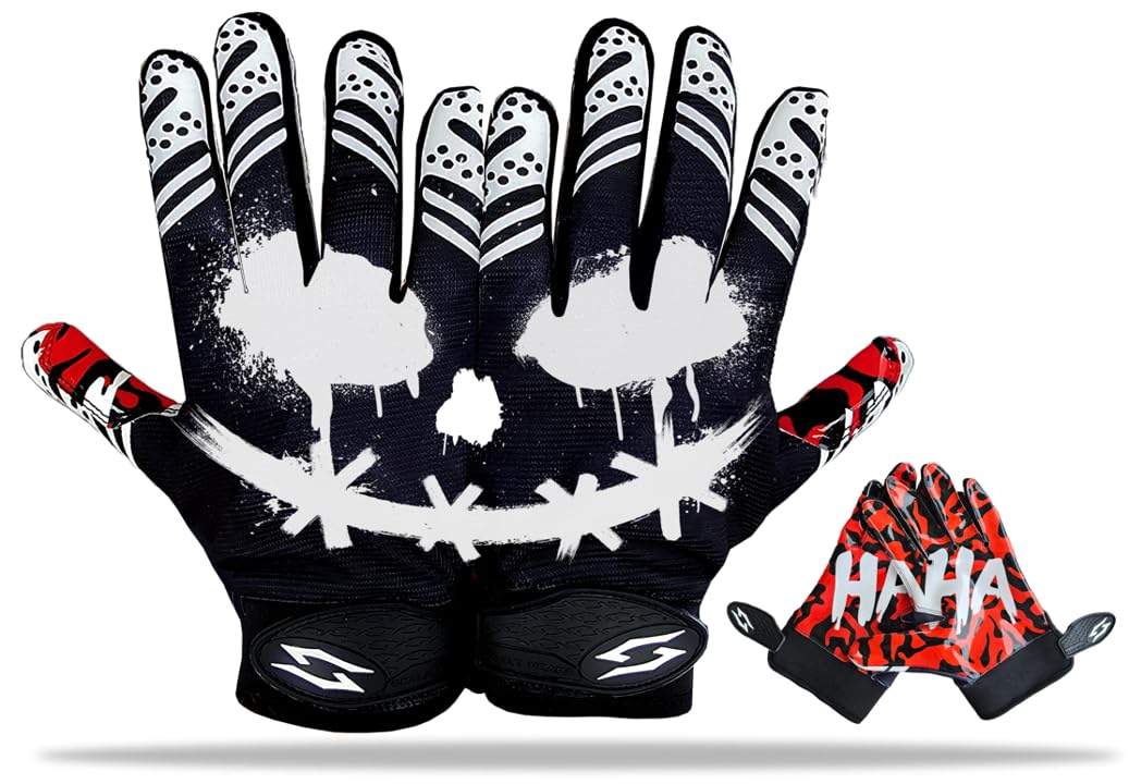 Joker Football Gloves Wide Receiver Jester Sticky Tacky Elite Pro Grip Super Sports Palms Performance Boost Game Skin Tight Kids Boys Sizes Youth Adult Men Wide Villain Battle America (Youth Large)