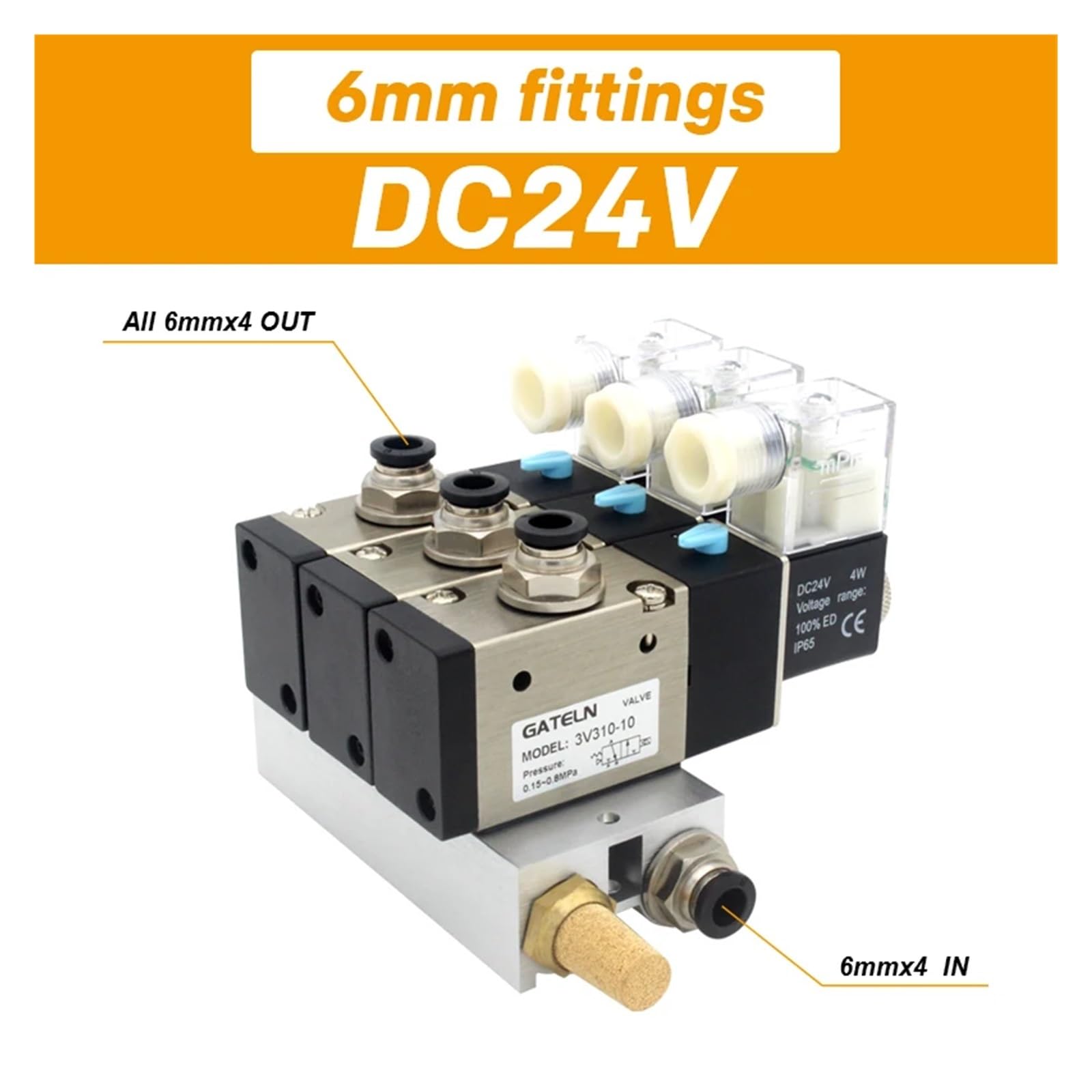 3V310-10-NO zamykacz, zawór magnetyczny, stacja blokowa z tłumikiem, akcesoria rozdzielacz podstawowy DC12 V DC24 V AC110 V AC220 V, 2 porty (złączki DC24 V 6 mm)