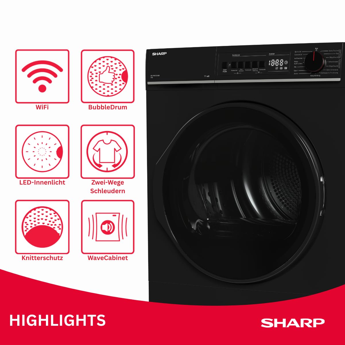 Sharp KD-PRO7S7GBD-DE Wäschetrockner 7kg D WiFi 15 Trockenprogramme Schwarz
