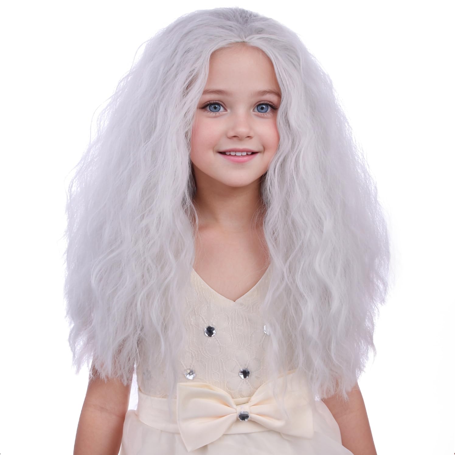 PATTNIUM Long Curly Wavy Gray Wig for Kids Child Old Lady Wig Silver Grey Grandma Wigs Halloween Costume Cosplay Wigs