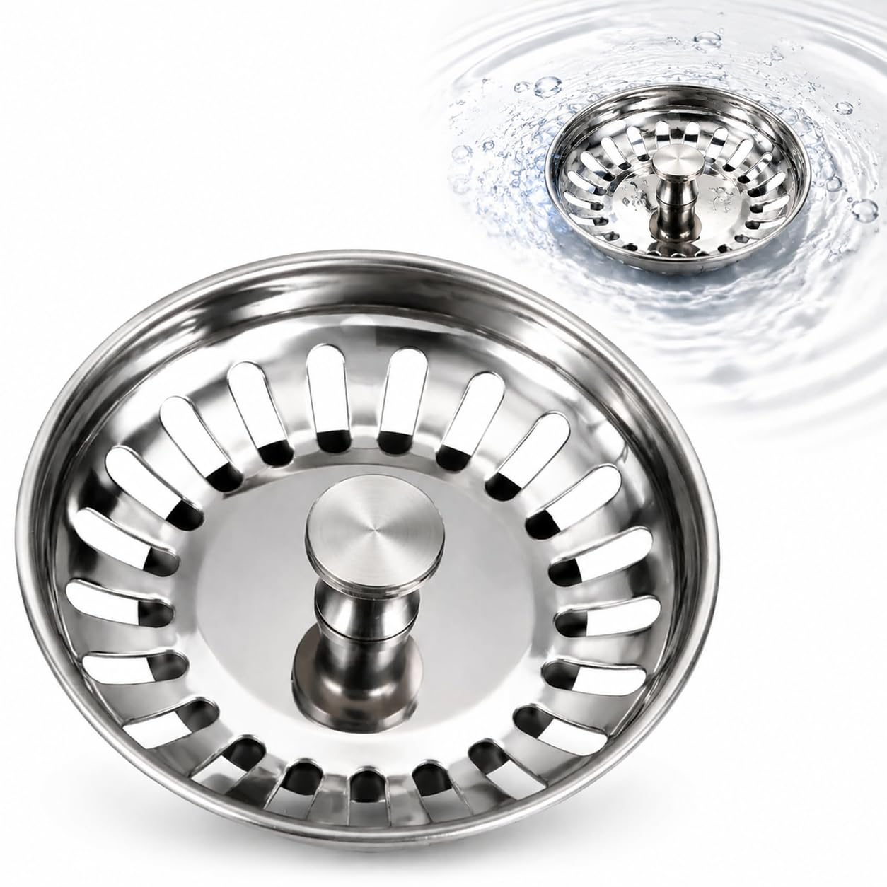 78mm Universal Stainless Steel Kitchen Sink Strainer and Stopper, 2 in 1 Anti Clog Rust Resistant Replacement Sink Plug for Kitchen Bathroom Laundry Utility Sink（Silver） (1PC)