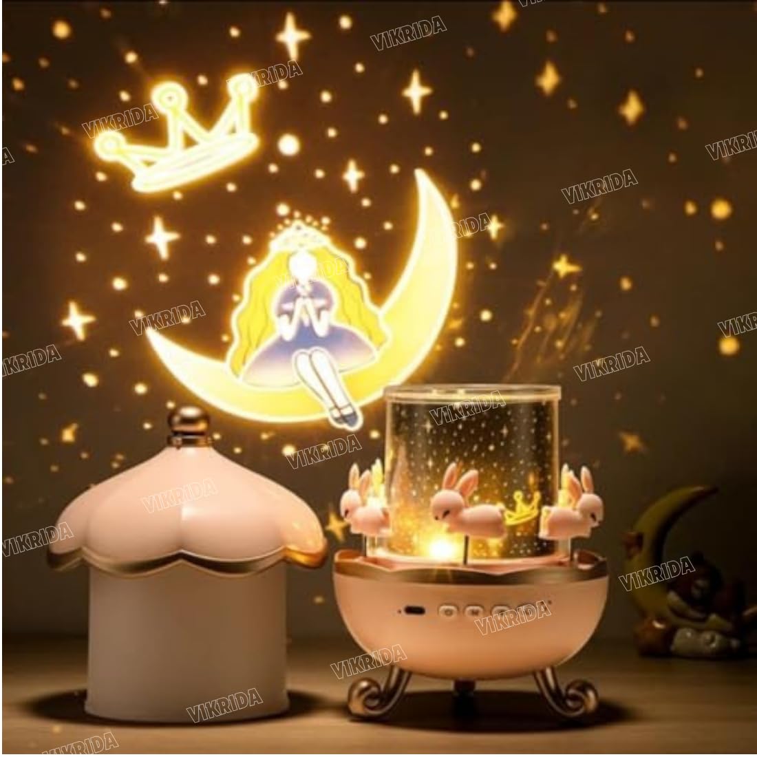 VikriDA Night Light Rabbit Sky Projector for Kids – 360° Rotating Lamp with 6 Films, 5 Colours and 1200mAh Rechargeable Battery - Image 4 thumbnail