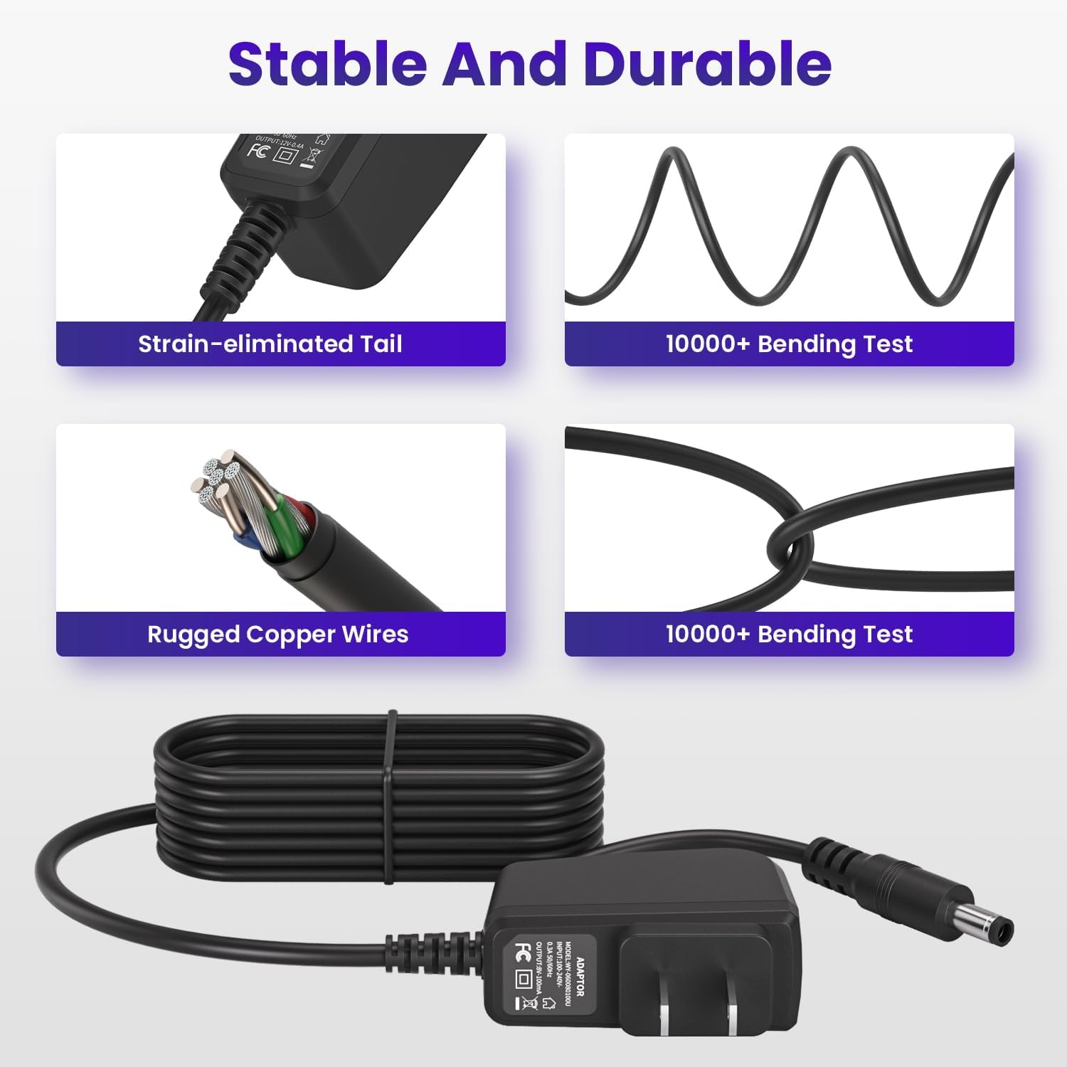 Diagram illustrating the durable features of the power adapter cable: strain-eliminated tail, 10000+ bending test, rugged copper wires.