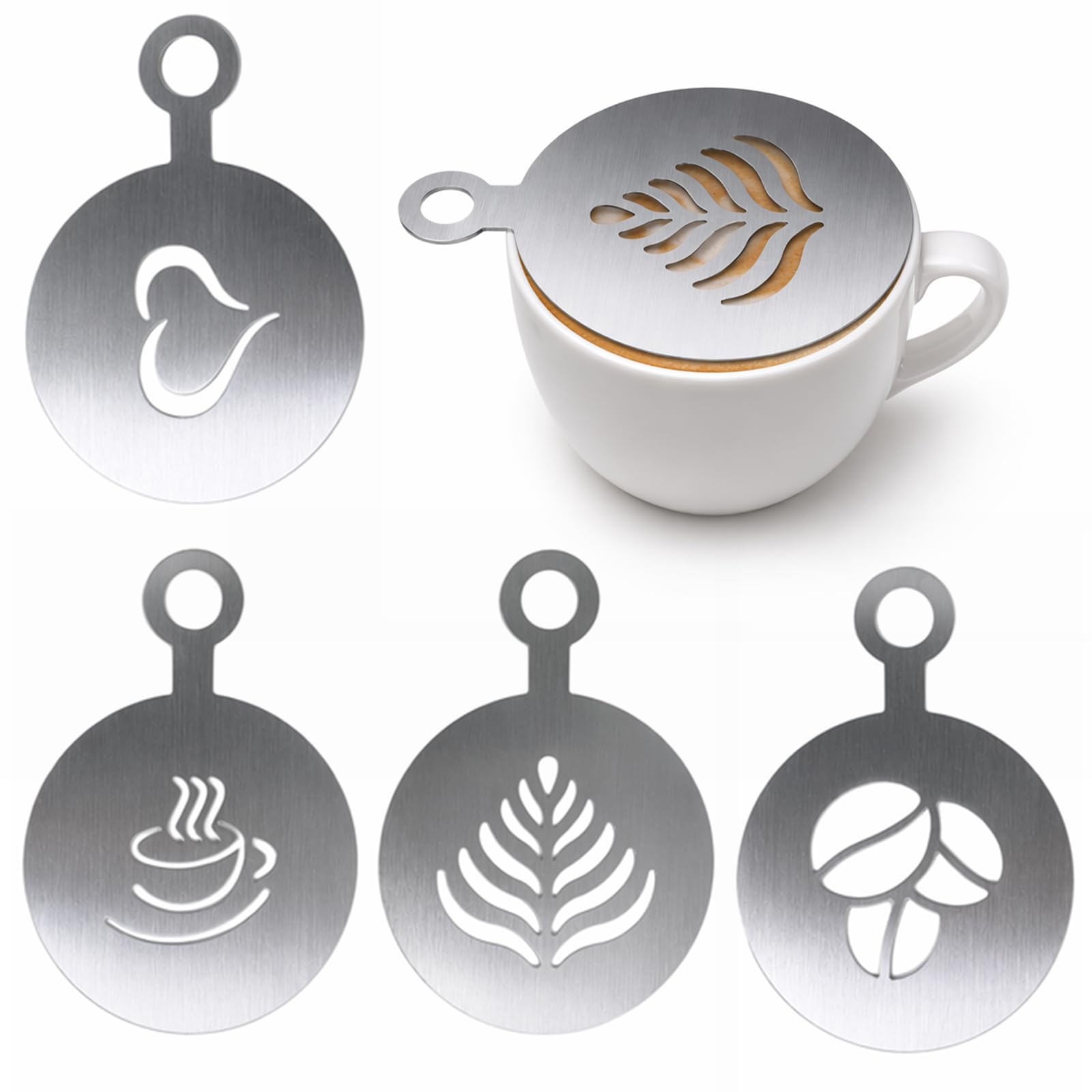 4pcs Stainless Steel Coffee Stencils Silver Heavy Duty Latte Art Templates, Rustproof Barista Tools for Cappuccino, Oatmeal and Cupcakes