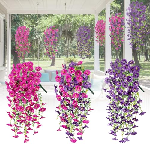TMZELOA Flores Artificiales Seda Petunia 3 Paquetes Flores Artificiales Colgantes de Petunia Plantas Artificiales Colgantes de Eucalipto como Real 75 cm Resistentes UV para Jardín Porche Balcón Patio