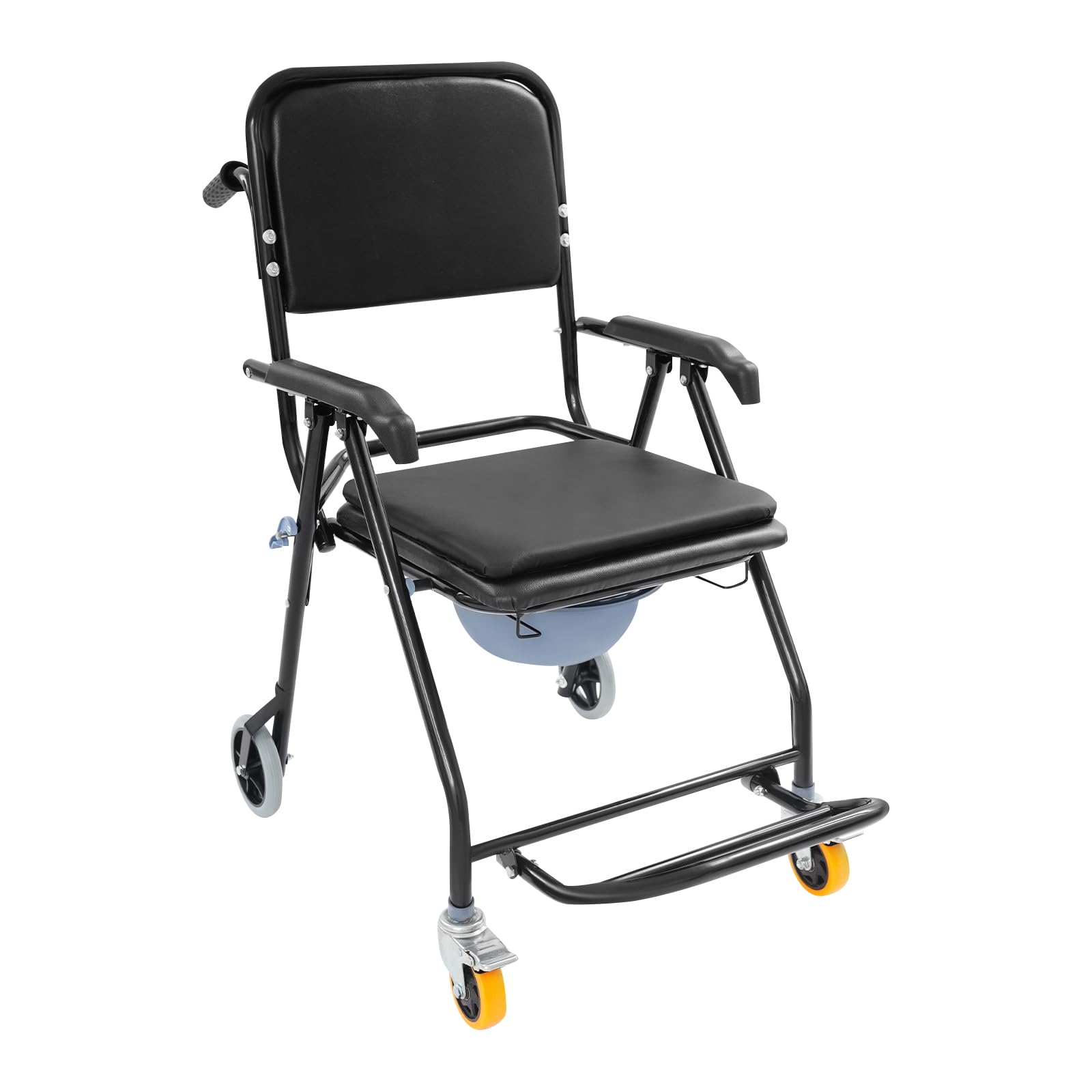 Silla de ducha plegable de acero negro con cubo y ruedas para personas mayores, cuidado en casa