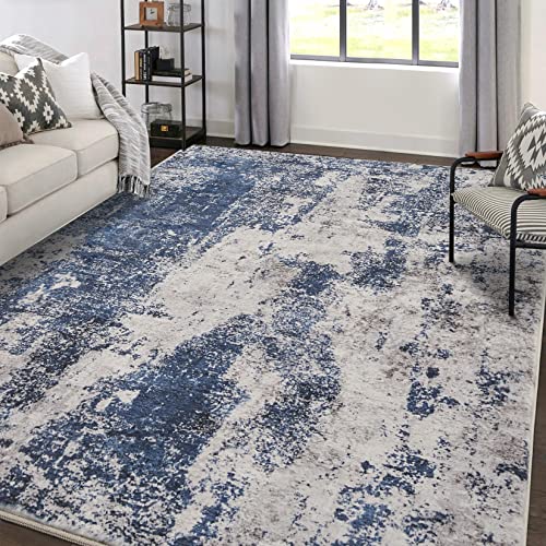 Area Rug Living Room Rugs: 5x7 Large Soft Indoor Carpet Modern Abstract Decor Rug with Non Slip Rubber Backing for Under Dining Table Nursery Home Office Bedroom Blue