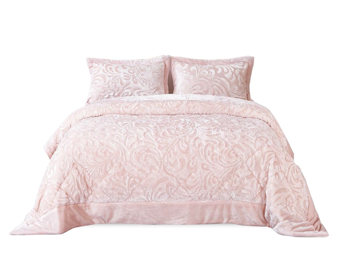 Luxurious and Stylish Quilted Bedspread 3 piece Fleece Velvet Bedding Set-Super Soft Embossed Type Pattern With Pillow Case (Super King, Pink-Fleece Bedspread)