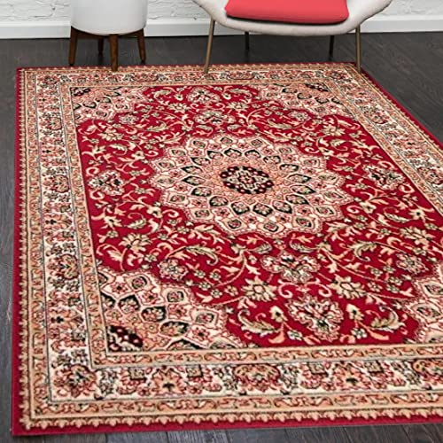 Mazovia Orientalisch Vintage Teppich - Kurzflor - Muster mit Medaillon - Traditioneller Teppich für Wohnzimmer, Esszimmer - ÖKO-TEX Wohnzimmerteppich - Rot 150 x 300 cm Mazovia Orientalisch Vintage Teppich - Kurzflor - Muster mit Medaillon - Traditioneller Teppich für Wohnzimmer, Esszimmer - ÖKO-TEX Wohnzimmerteppich - Rot 150 x 300 cm