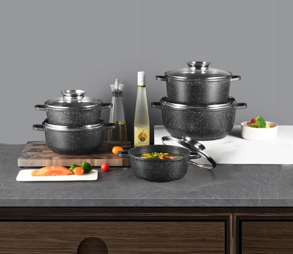 Klönberg Induction Pan Set, Cast Aluminium Pan with Non-Stick Coating, Pan Set with Glass Lid for All Cookers, Also Induction Hobs (Black, 10 Pieces Klönberg Induction Pan Set, Cast Aluminium Pan with Non-Stick Coating, Pan Set with Glass Lid for All Cookers, Also Induction Hobs (Black, 10 Pieces