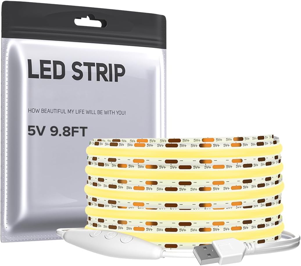 COB LED Strip Lights USB Powered DC5V 9.84FT 320LEDs White 3000K 3-Button Dimmer Switch 8mm Width Dimmable High CRI 90+ 5V 7W/m Flexible High Density for TV Backlight PC Bedroom Kitchen Home Decor