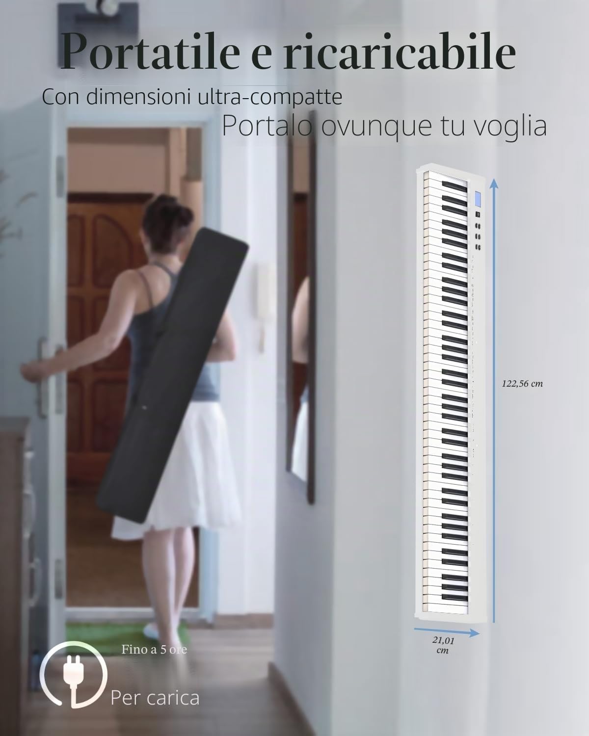【Kit pianoforte digitale con supporto】Longeye Pianoforte Digitale 88 Tasti Tastiera Elettrica Semipesata Compatta e Portatile per Principianti,Borsa per il Trasporto,Pedale Sustain,Bianco (Slim-88)