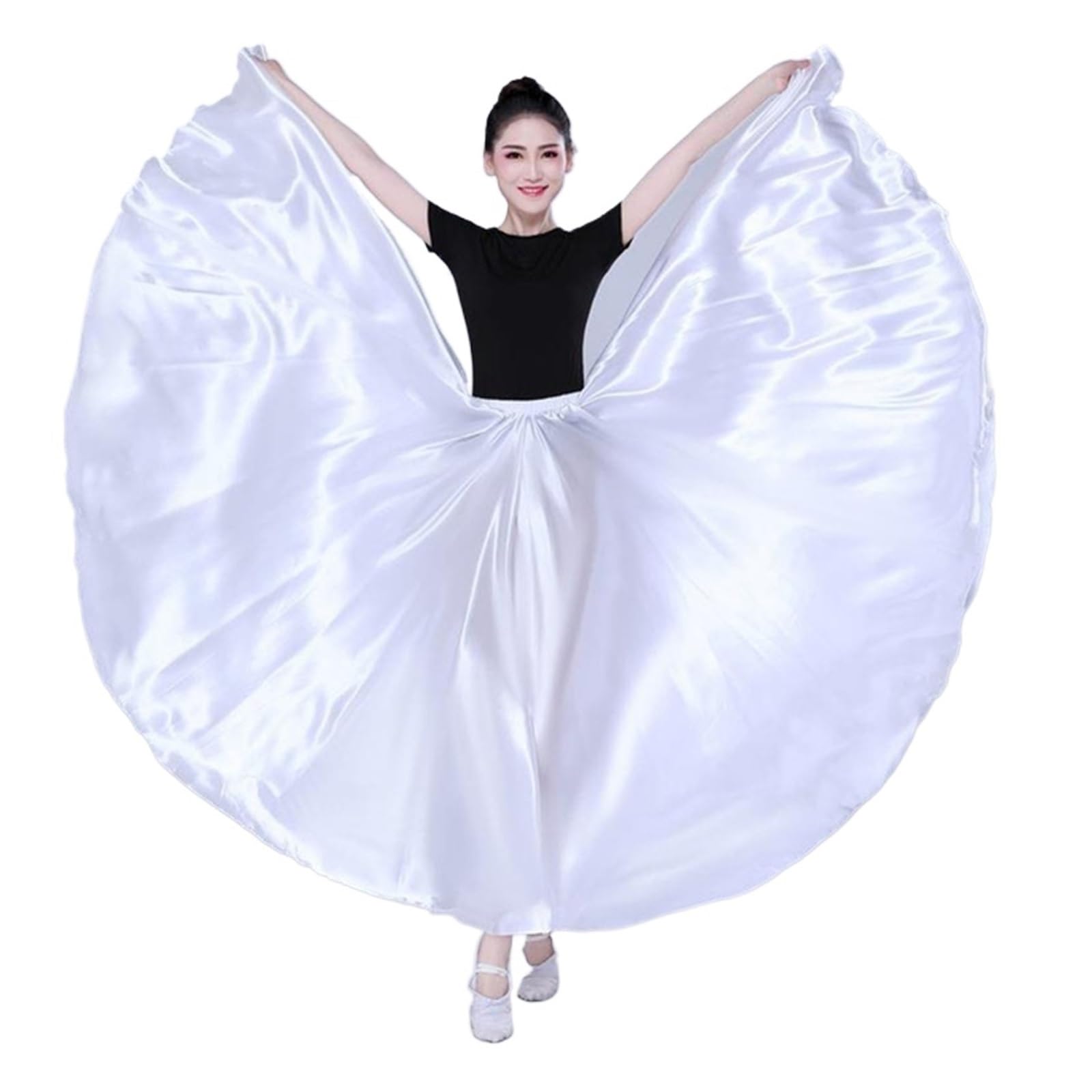Falda de Danza del Vientre de satén Brillante, Falda Larga española, Falda de Baile Swing, Falda de Sol, Vestido Femenino, Disfraz de actuación en el Escenario(White)
