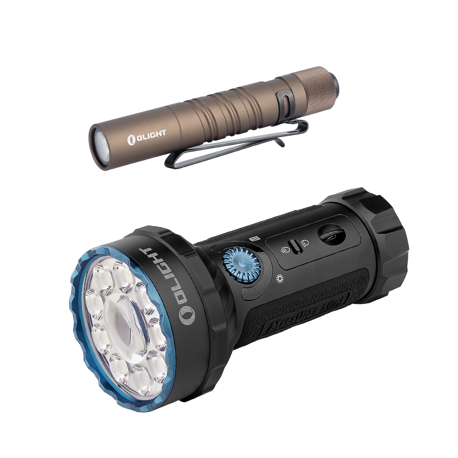 OLIGHT I3T EOS 180 Lumens Dual-Output Slim EDC Flashlight Bundle with Marauder Mini 7,000 Lumens Bright Flashlight with 600 Meters Beam Distance, Powerful RGB Flashights