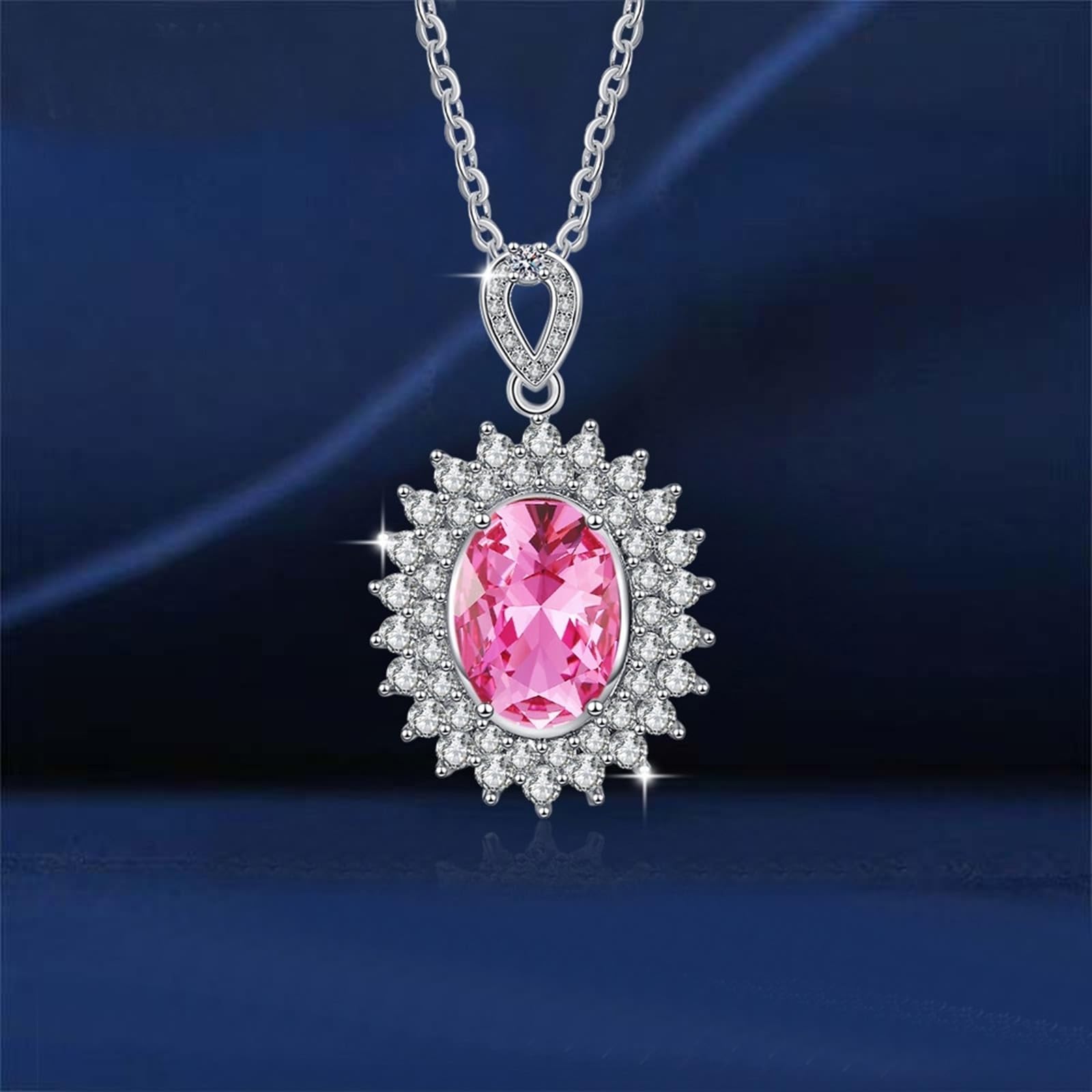 Collar de cadena de oro blanco de 18 quilates para mujer, gargantilla delicada con flor de lujo con topacio rosa ovalado y diamante de laboratorio para mujer, oro blanco