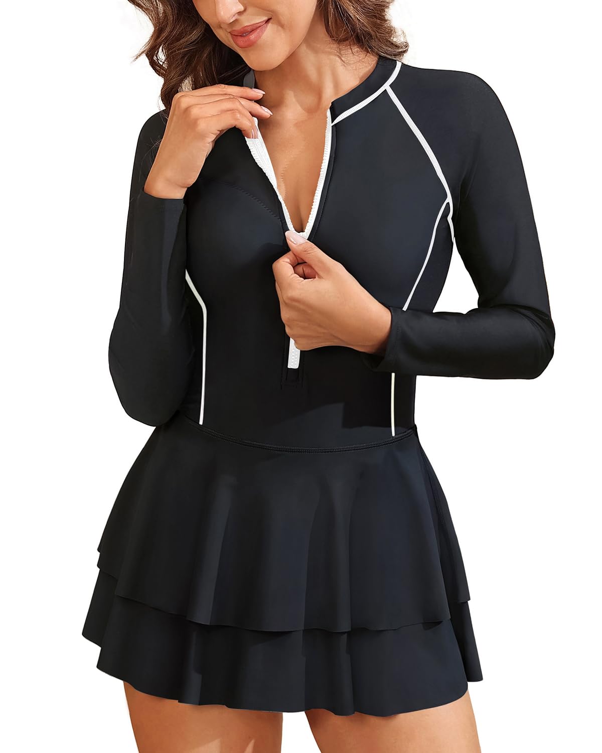 Daci Women Long Sleeve One Piece Rash Guard Modest Swimsuits Dress Zipper Bathing Suit Skirt with Short UPF
