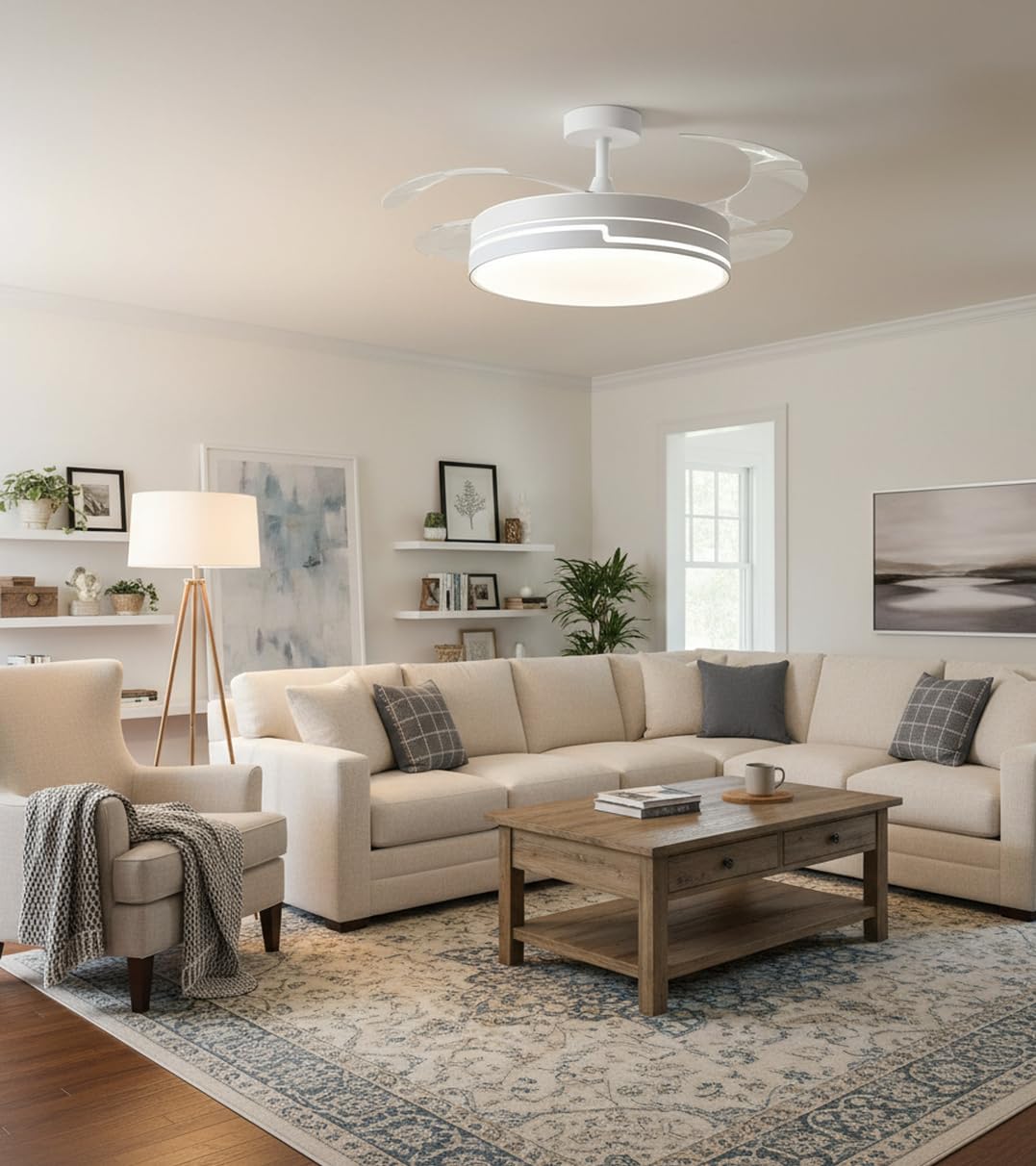 BEL AIR HOME - Ventilatore da Soffitto ROBIN - Motore DC Silenzioso - Pale Scomparsa - Luce LED 36W, 3000K/4000K/6500K - Telecomando Incluso - Ventilatore con Luce, Bianco, Metallo