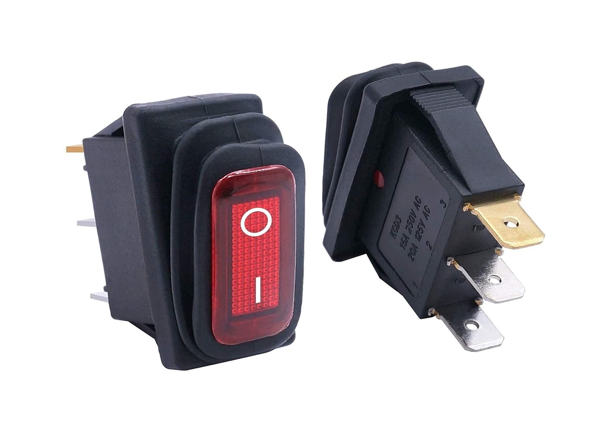 2 interruptores de palanca basculante de CA impermeables de 12 V con luz roja para coche, SPST de 3 pines, 2 posiciones, KCD3-101NW-I/O