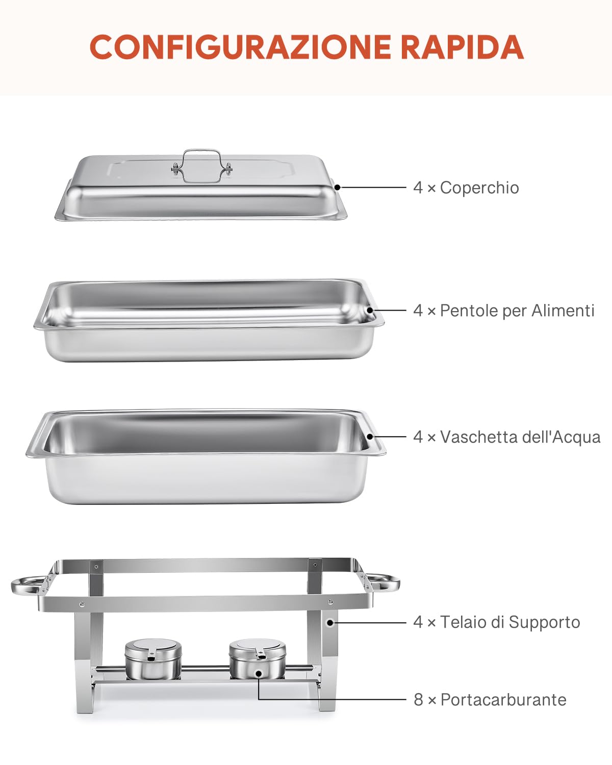 Wilprep 9L Chafing Dish Buffet Scaldavivande in Acciaio Inox con Contenitore e Vassoio di Riscaldamento, Pentole per Servire Buffet, Catering e Feste (Set da 4 Pezzi)