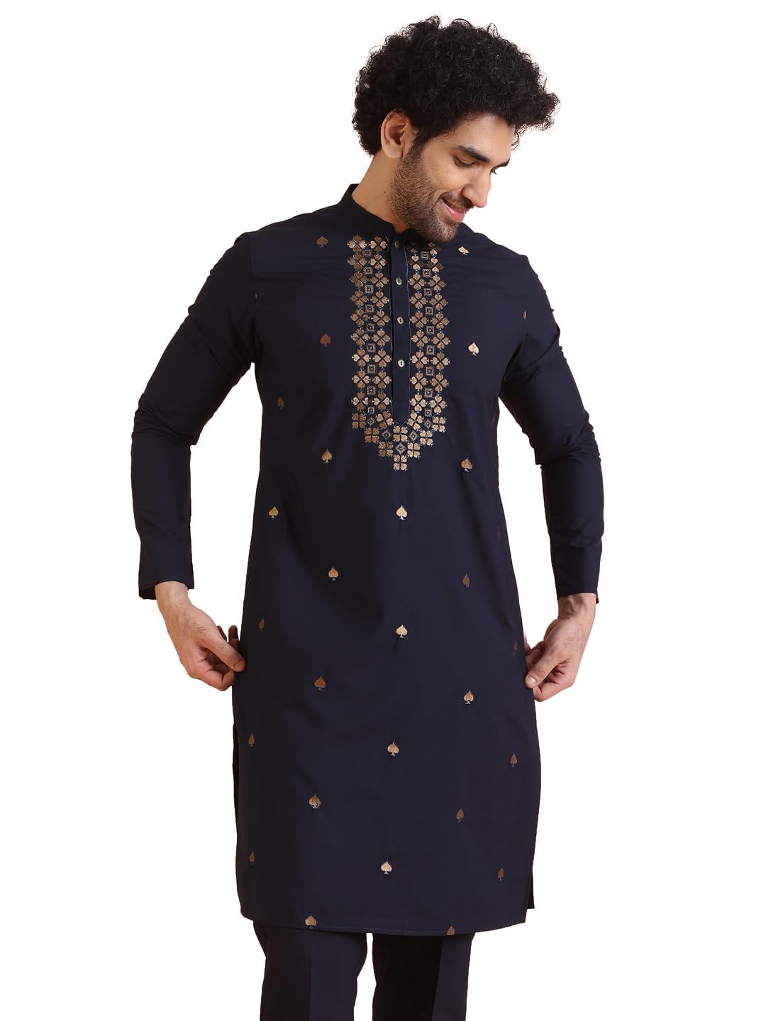 Kisah Men's Kurta, Navy Blue Blended, Embellished Regular Fit Mandarin Collar Long Sleeves (Xl)