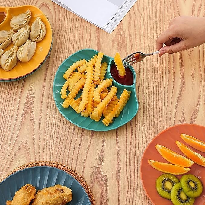 FIKKANI Wheat Straw Chip and Dip Serving Platter Set Divided Snack Plates Set| Sushi Plates with Sauce Section| Perfect for Chip & Dip| Dumpling| Appetizer (4, Blue) 2