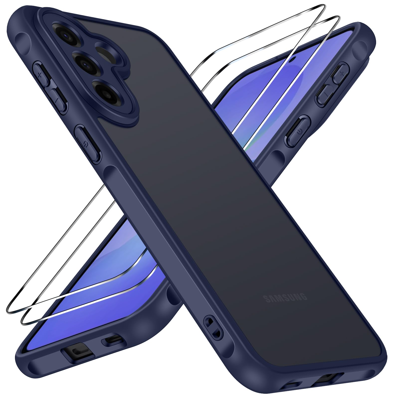 ivoler Hülle für Samsung Galaxy A57 5G mit 2 Stück Panzerglas, [Militärstandard] Stoßfest, [Kameraschutz] Handyhülle, Matt Durchscheinende Rückseite, Anti-Fingerabdruck Schutzhülle, Dunkelblau