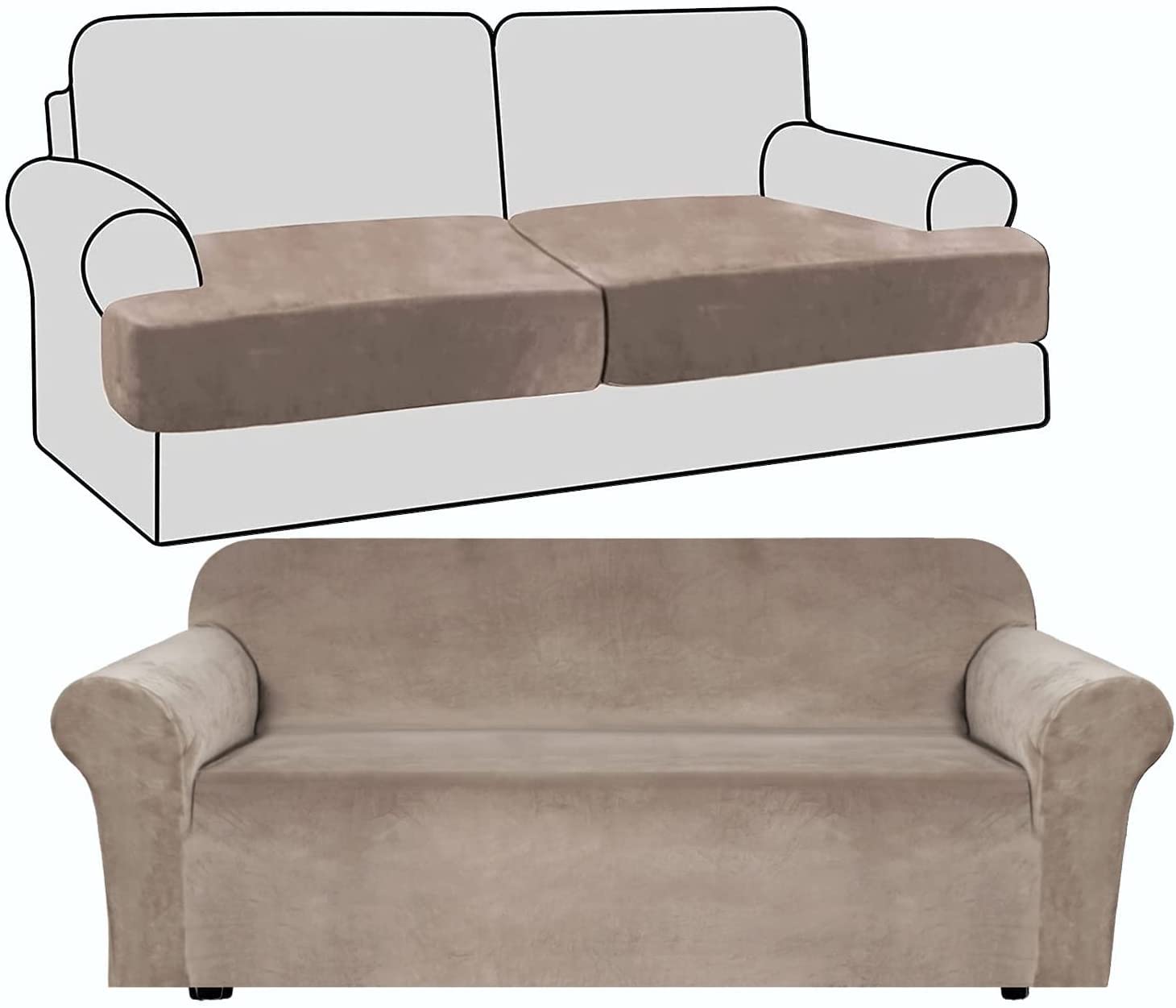 SDYdsgE sofa cover， Velvet Loveseat Slipcover Set 3 Piece Sofa with 2 Seater Stretch and Separate T Cushion in Grey Color(Khaki)