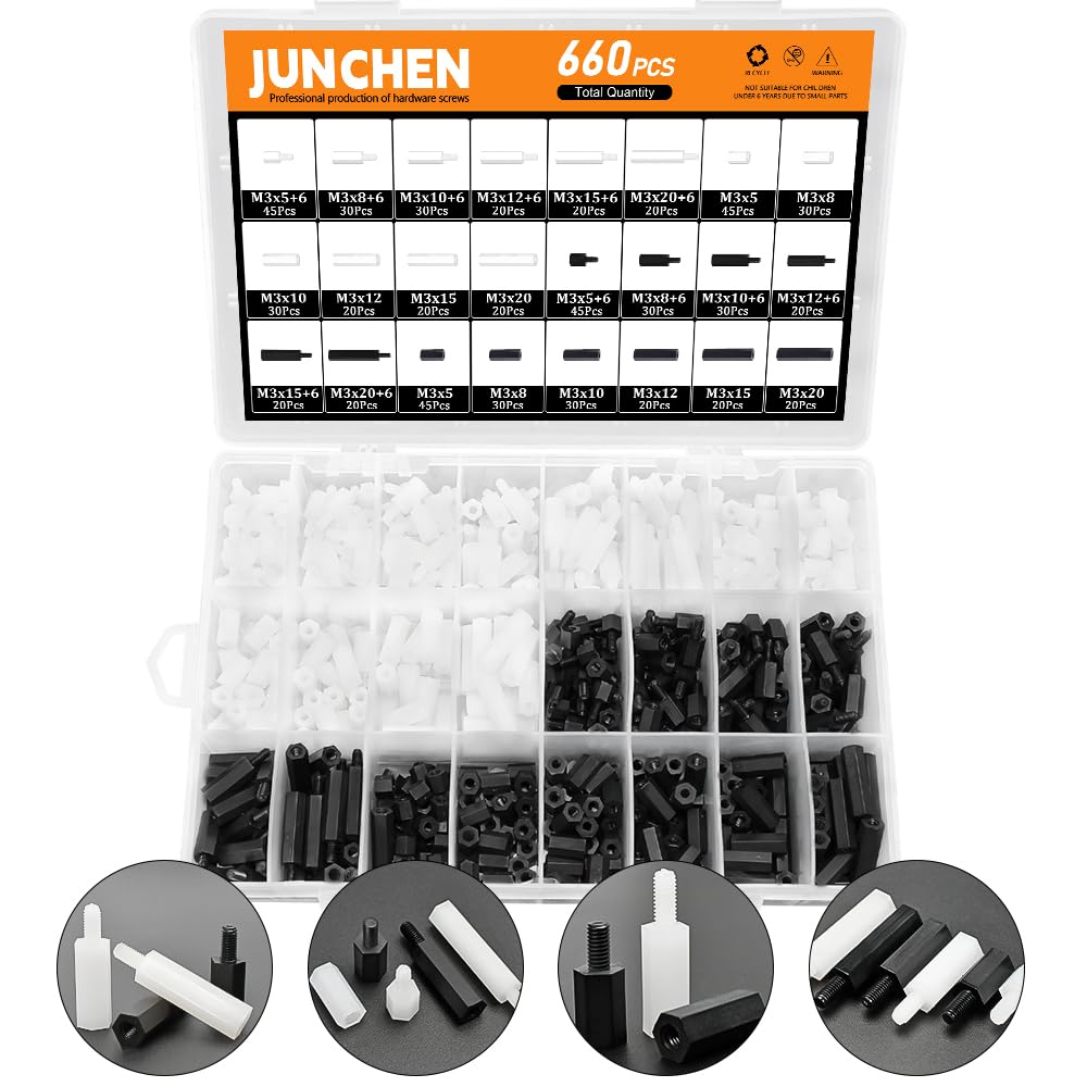 M3 Hex Spacers Standoffs Kit,660pcs M3 Black White PCB Motherboard Threaded Pillar Plain Finish, Male Female Nylon Fits Circuit Board Screws Bolts
