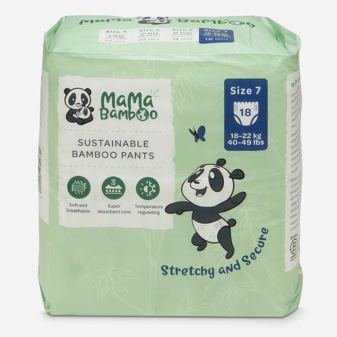 Mama Bamboo Soft Eco Sustainable Nappy Pants (Size 7) - Chlorine-Free Hypoallergenic (18 pcs per Pack)
