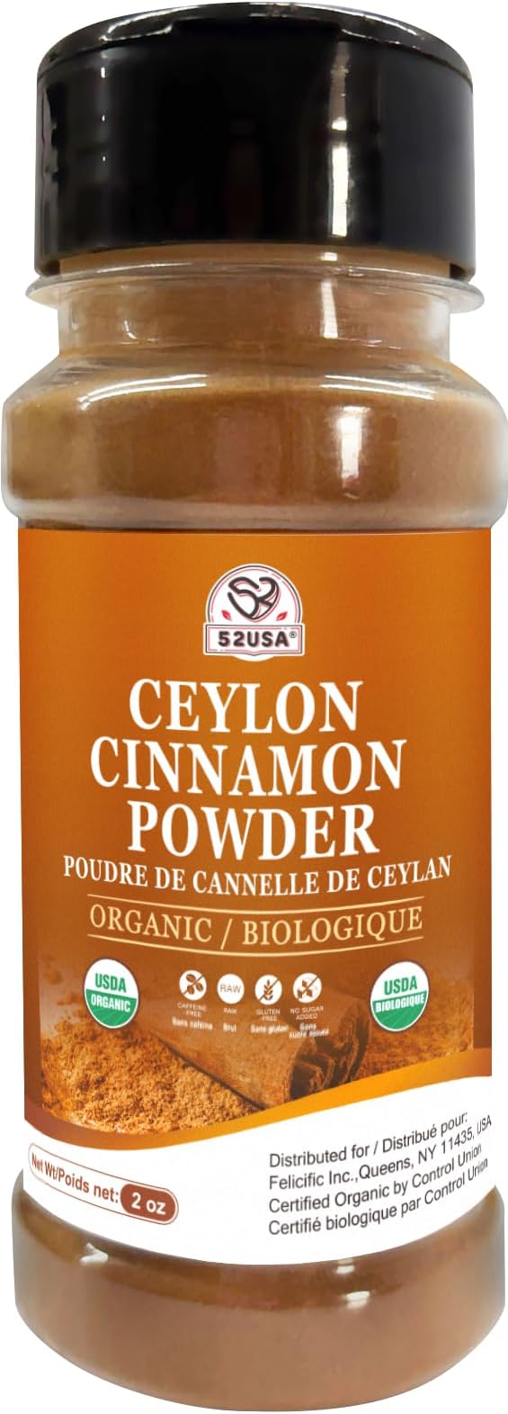 52USA Organic Ceylon Cinnamon Powder, 2 Ounce, True Cinnamon Farmed in Sri Lanka, Non-GMO, Gluten-Free, Perfect for Baking, Cooking and Beverages