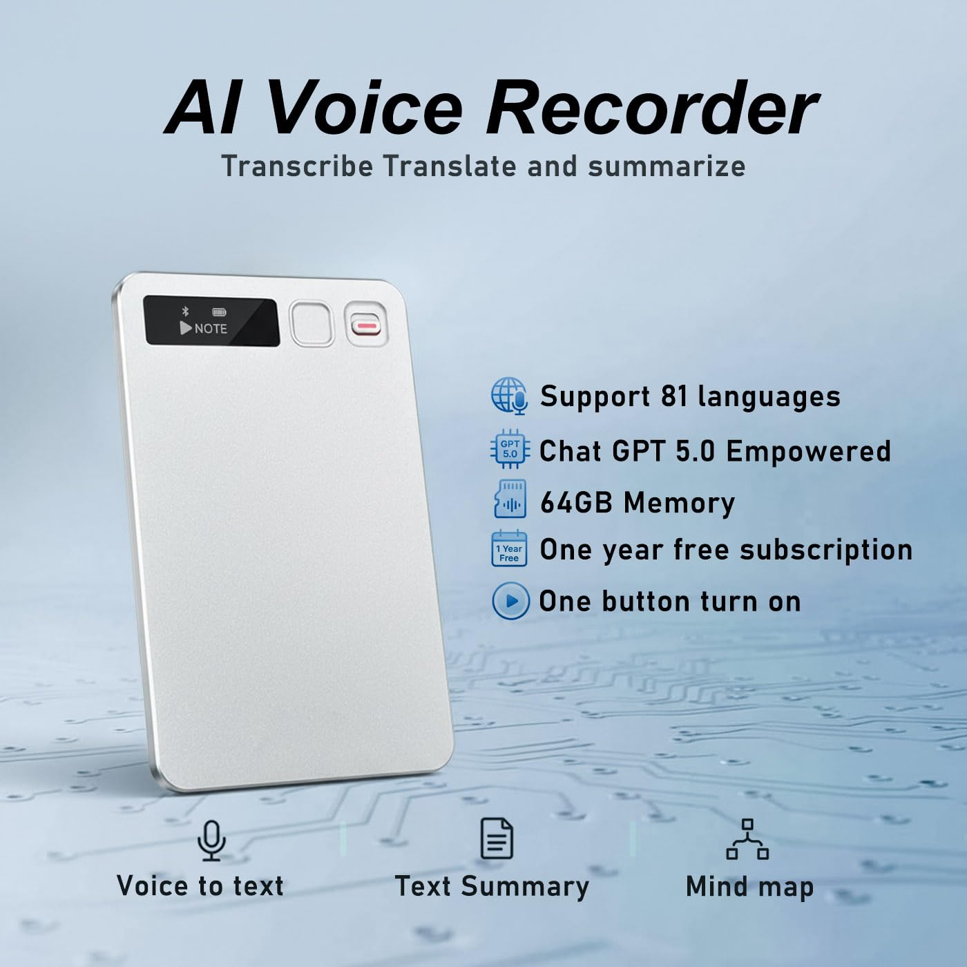 Grabadora de Voz IA 64 GB - Transcripción IA, Resumen y traducción (81 Idiomas), Control por App, Grabación de Audio para Clases, Reuniones y Entrevistas