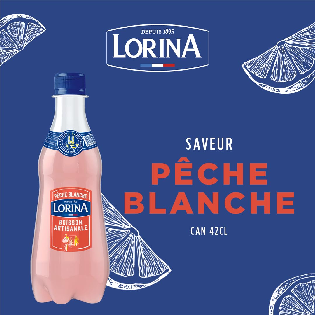 Lorina Limonade Pêche Blanche Boisson Artisanale, Saveur Pêche, 42cl, Lot de 12 Bouteilles